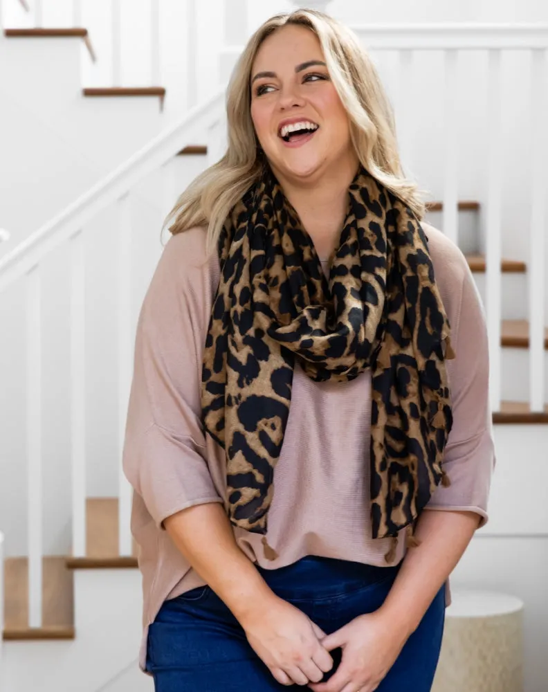 Animal Print Scarf - Brown Tassel