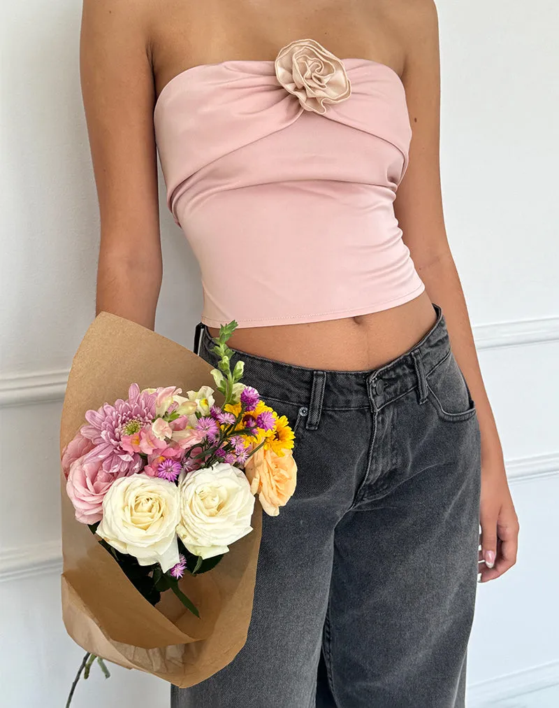 Astrum Satin Bandeau Top in Pink with Ivory Rose
