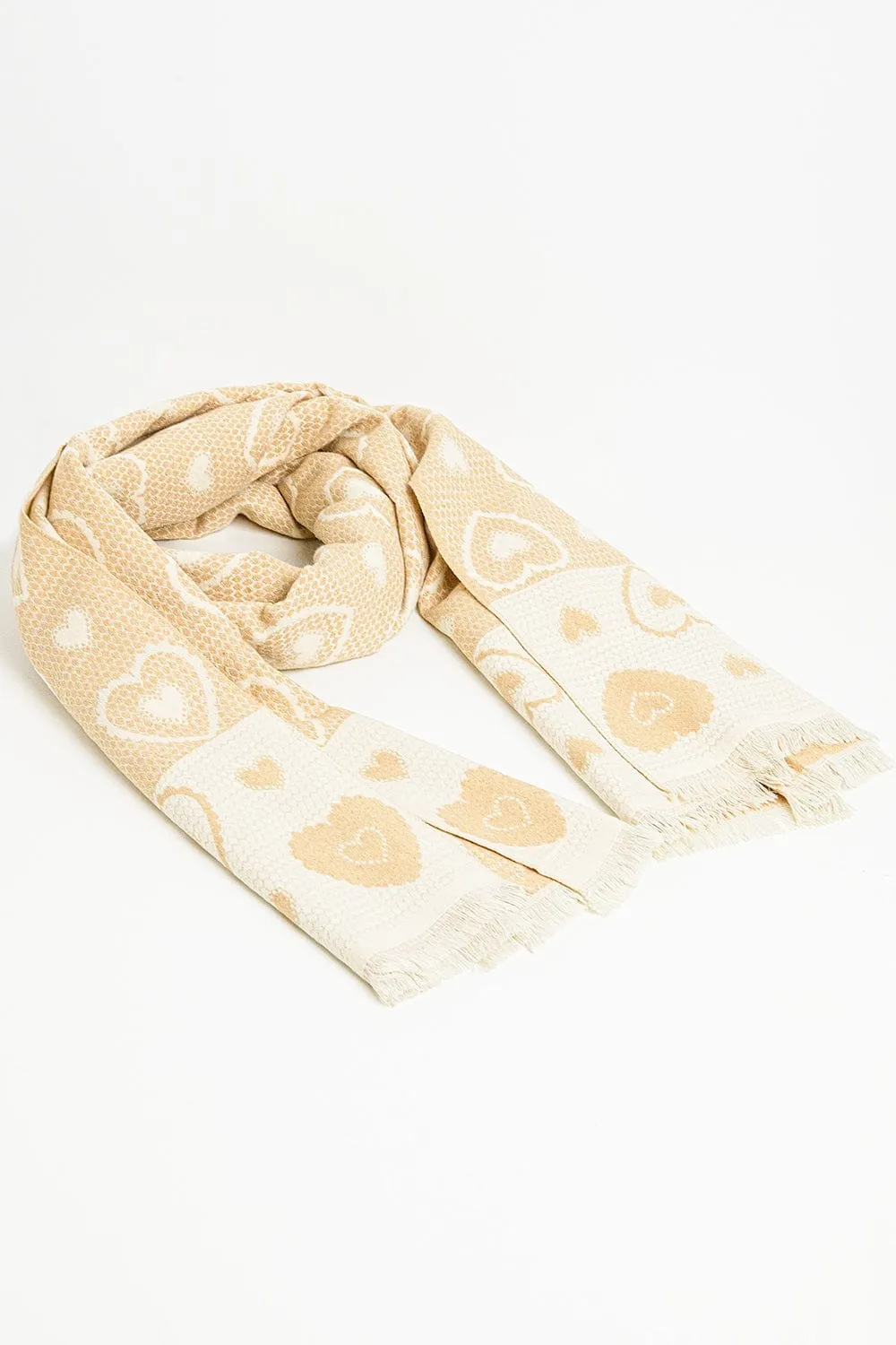 Beige Scarf With Heart Print And Golden Thread Detail