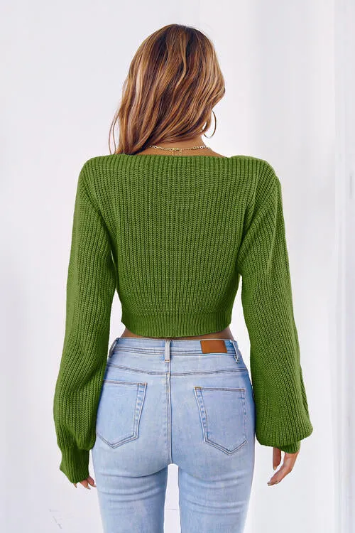 BerryBetty - Bow V-Neck Long Sleeve Cropped Sweater