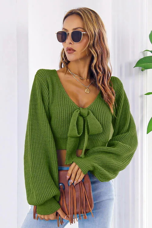 BerryBetty - Bow V-Neck Long Sleeve Cropped Sweater