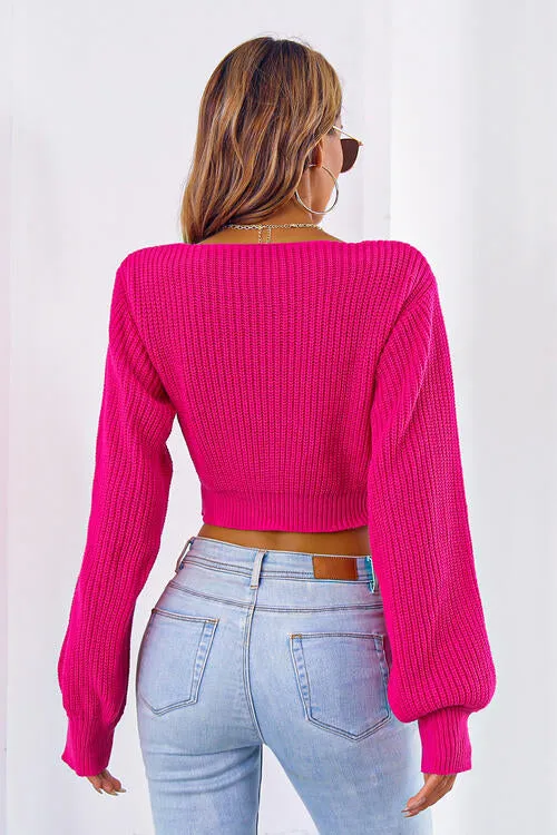 BerryBetty - Bow V-Neck Long Sleeve Cropped Sweater