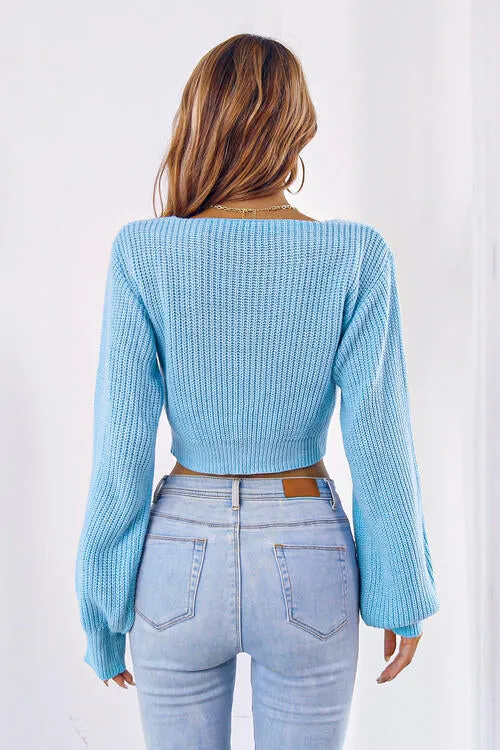 BerryBetty - Bow V-Neck Long Sleeve Cropped Sweater
