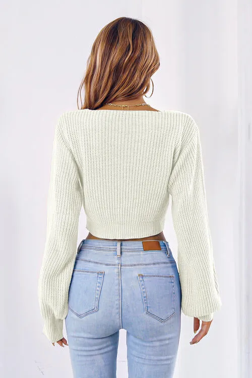 BerryBetty - Bow V-Neck Long Sleeve Cropped Sweater