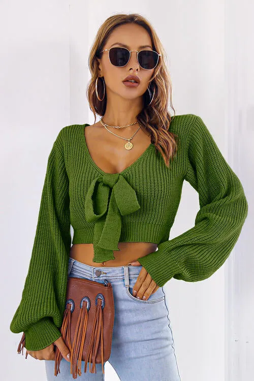 BerryBetty - Bow V-Neck Long Sleeve Cropped Sweater