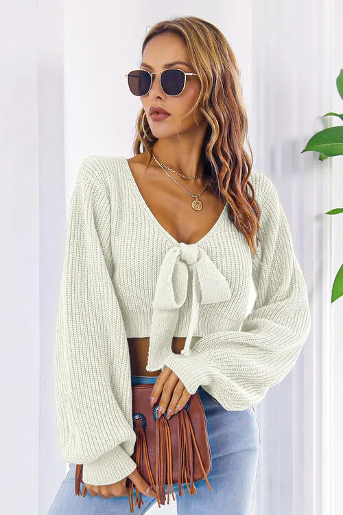 BerryBetty - Bow V-Neck Long Sleeve Cropped Sweater