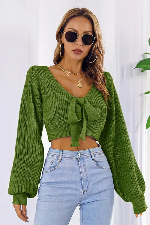 BerryBetty - Bow V-Neck Long Sleeve Cropped Sweater