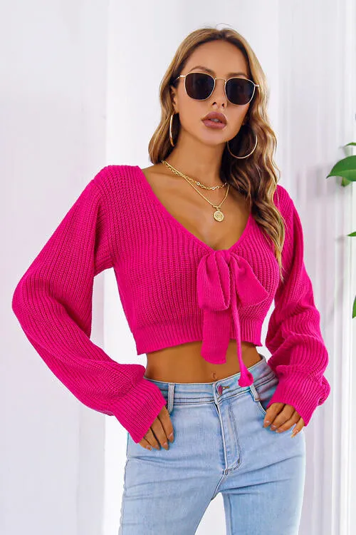 BerryBetty - Bow V-Neck Long Sleeve Cropped Sweater