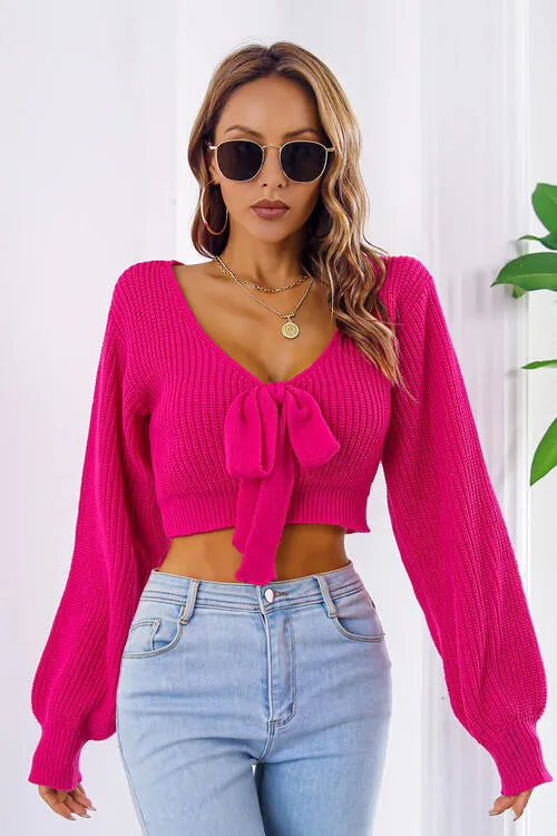 BerryBetty - Bow V-Neck Long Sleeve Cropped Sweater