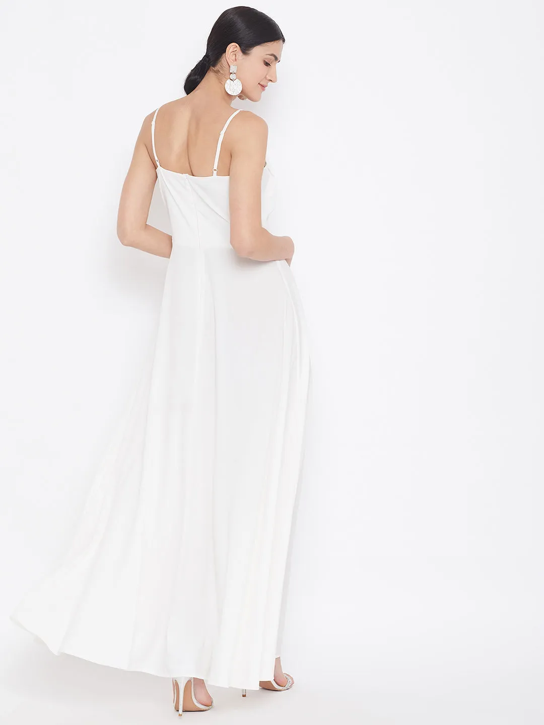 Berrylush Women Solid White V-Neck Sleeveless Thigh-High Slit Layered Maxi Dress