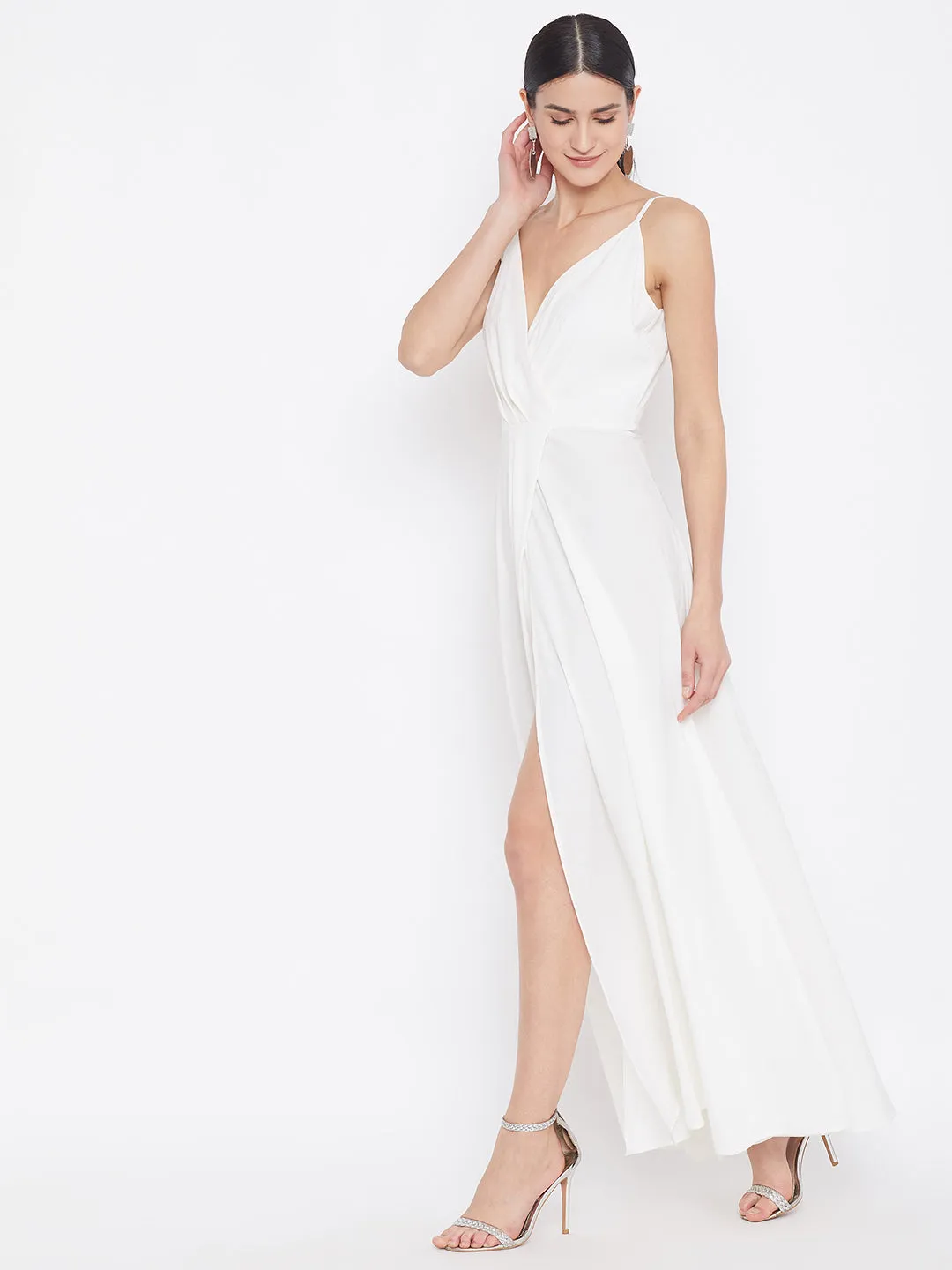 Berrylush Women Solid White V-Neck Sleeveless Thigh-High Slit Layered Maxi Dress