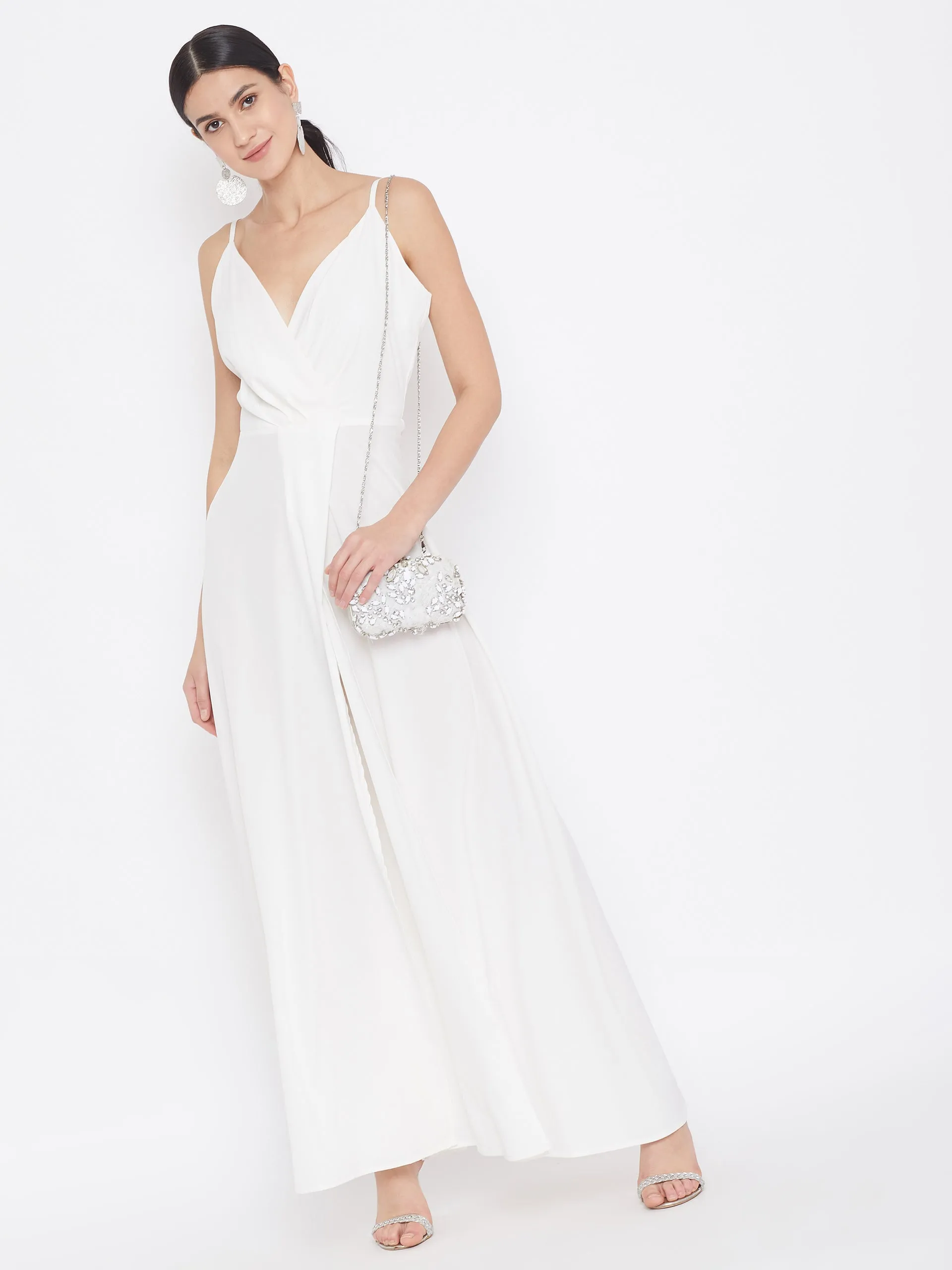 Berrylush Women Solid White V-Neck Sleeveless Thigh-High Slit Layered Maxi Dress
