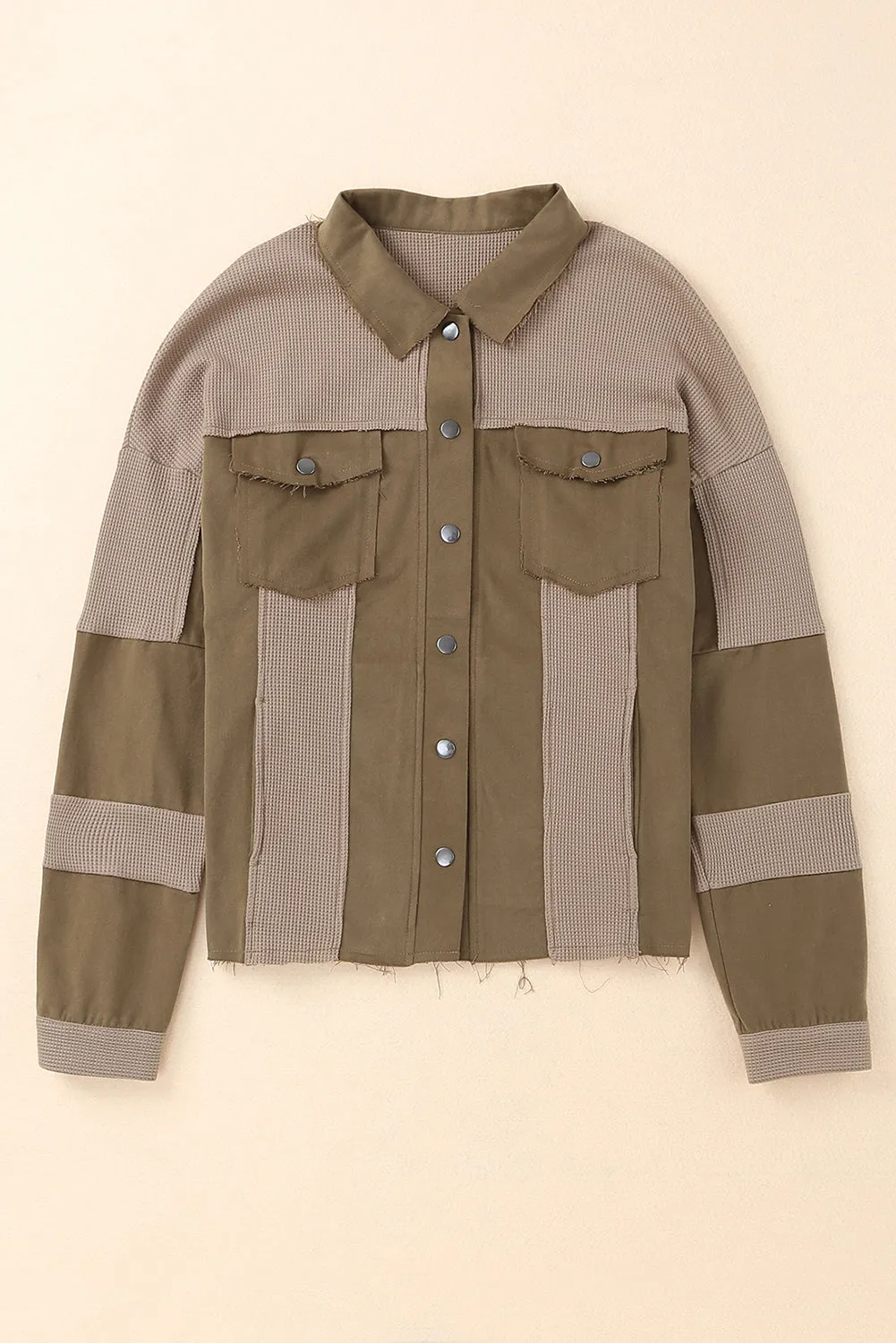 Brown Ripped Seam Detail Button Up Waffle Knit Jacket