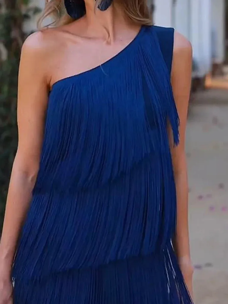 Deioao Off Shoulder Maxi Dress Sleeveless Slope Collar Tassel Stacked Hem Ruffled Sexy Beach Party Dress One Shoulder Slim Blue