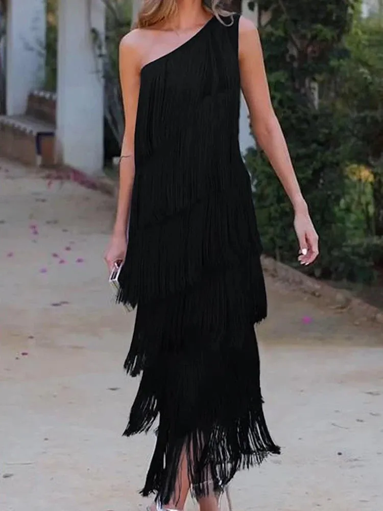 Deioao Off Shoulder Maxi Dress Sleeveless Slope Collar Tassel Stacked Hem Ruffled Sexy Beach Party Dress One Shoulder Slim Blue