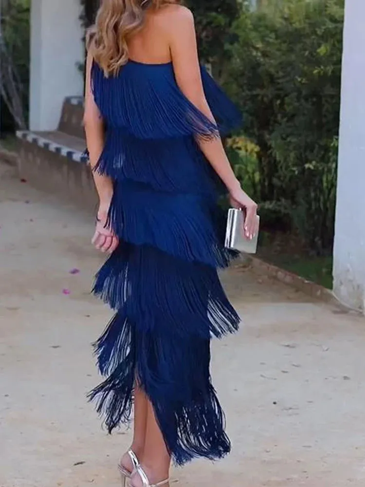 Deioao Off Shoulder Maxi Dress Sleeveless Slope Collar Tassel Stacked Hem Ruffled Sexy Beach Party Dress One Shoulder Slim Blue