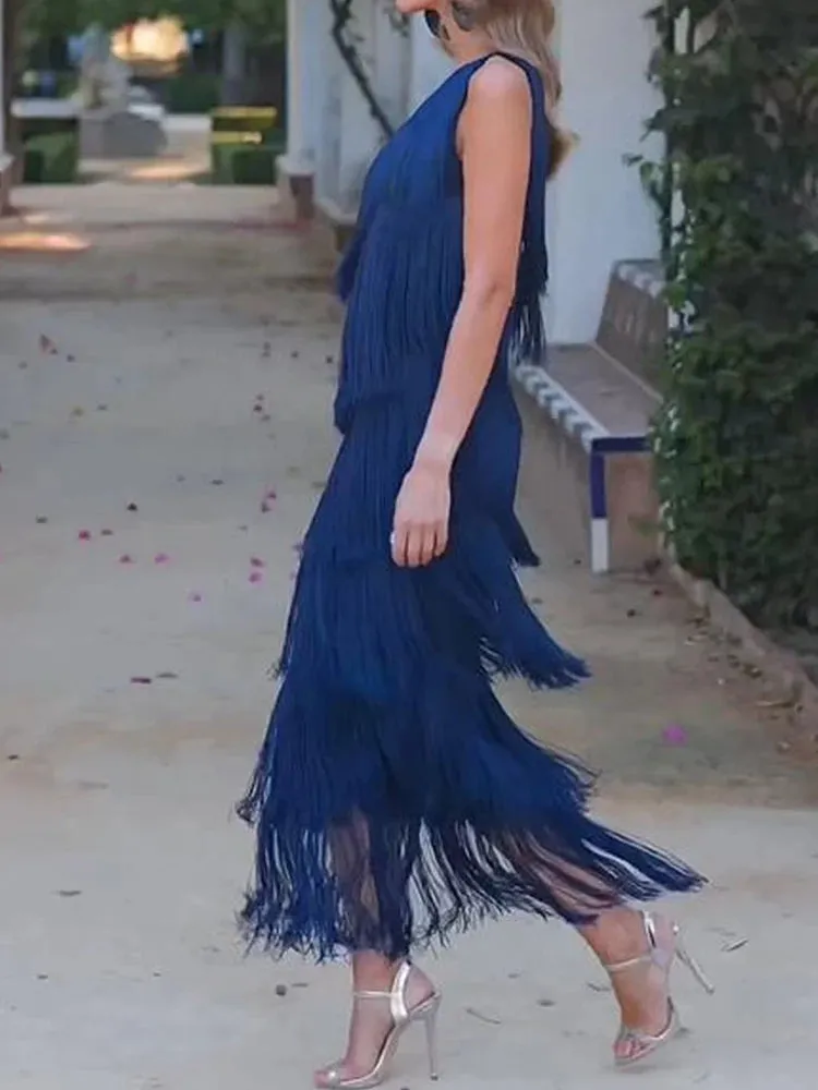 Deioao Off Shoulder Maxi Dress Sleeveless Slope Collar Tassel Stacked Hem Ruffled Sexy Beach Party Dress One Shoulder Slim Blue