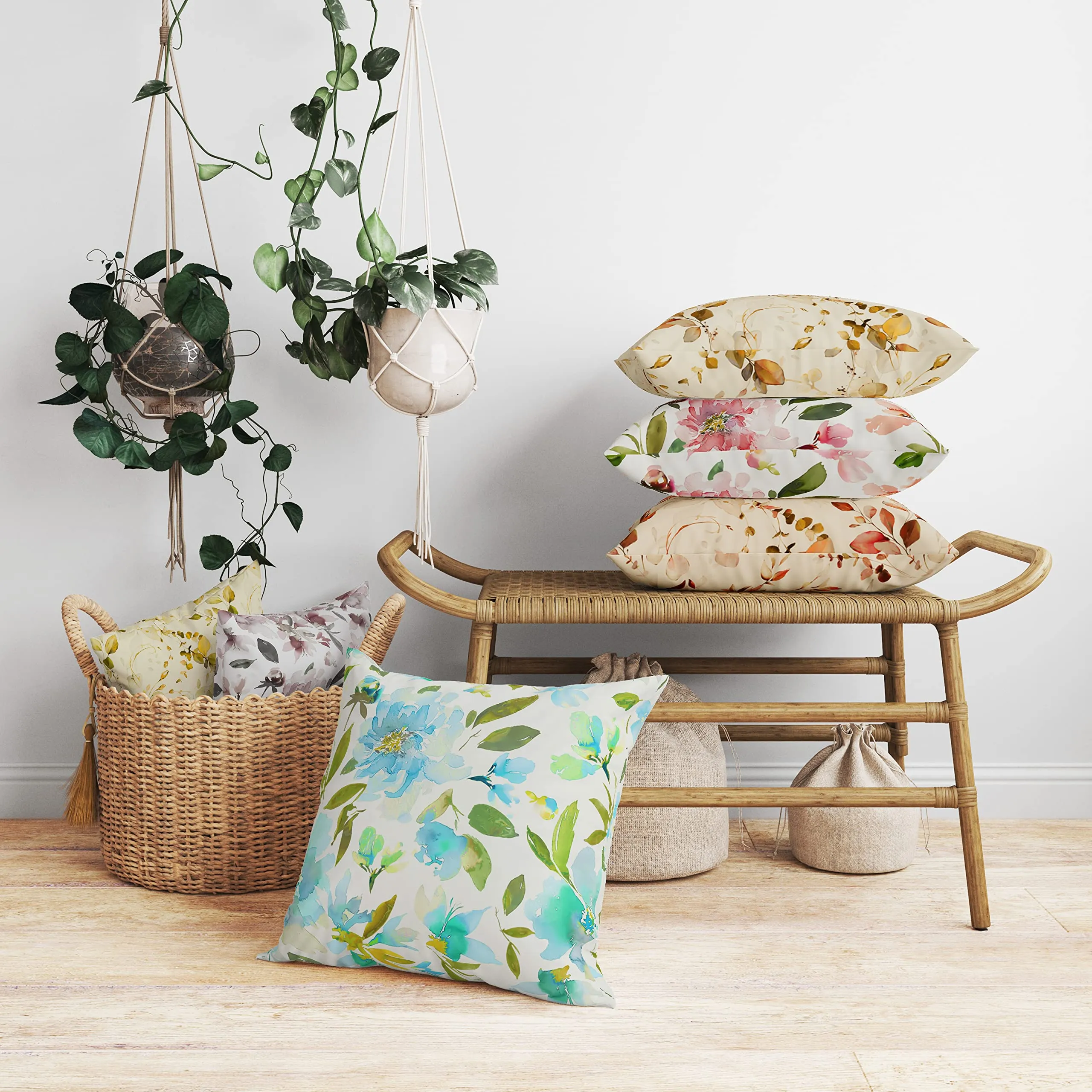 Encasa Homes Decorative Cushion Cover 16 x 16 inch (40 x 40 cm) - F1 Aqua - Floral Digital Printed, Large Square Pillow Case (Set of 2) ,Polyester