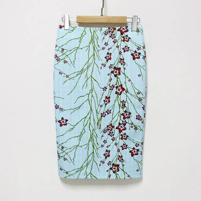 Hermicci 2018 Summer Style Pencil Skirt Women High Waist Green Skirts Vintage Elegant Bodycon Floral Print Midi Skirt