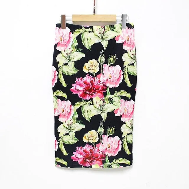 Hermicci 2018 Summer Style Pencil Skirt Women High Waist Green Skirts Vintage Elegant Bodycon Floral Print Midi Skirt