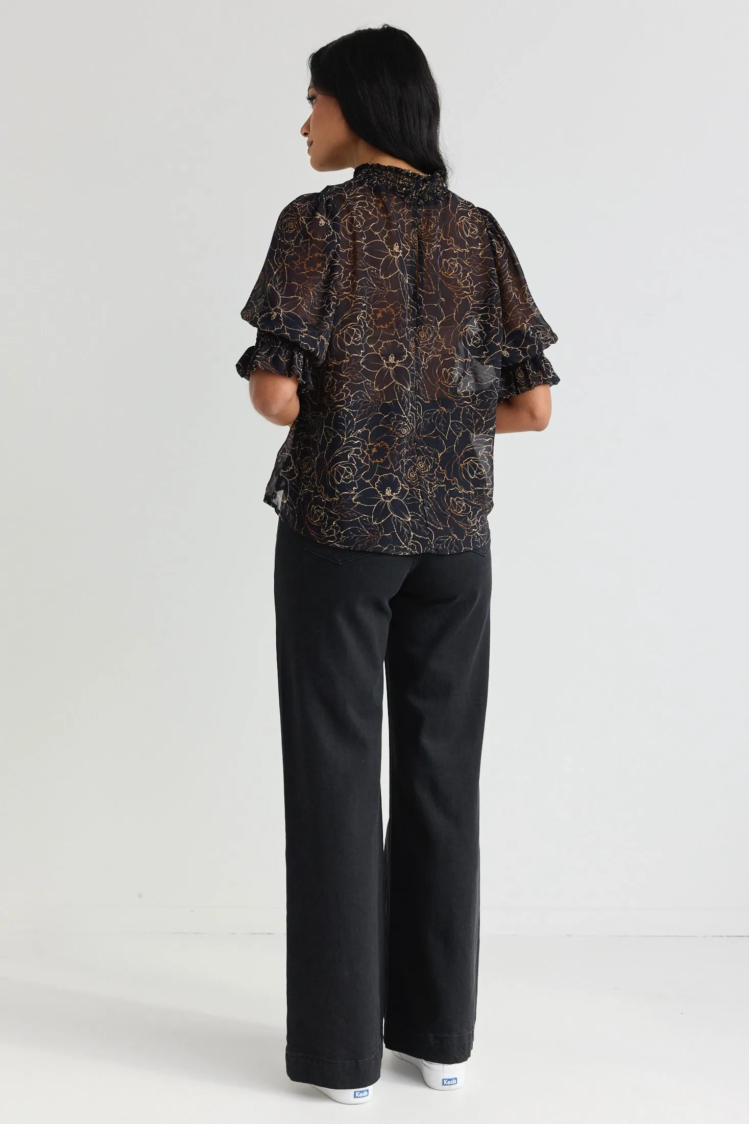 Influential Black Chocolate Rose Sketch Shirred Neck SS Top