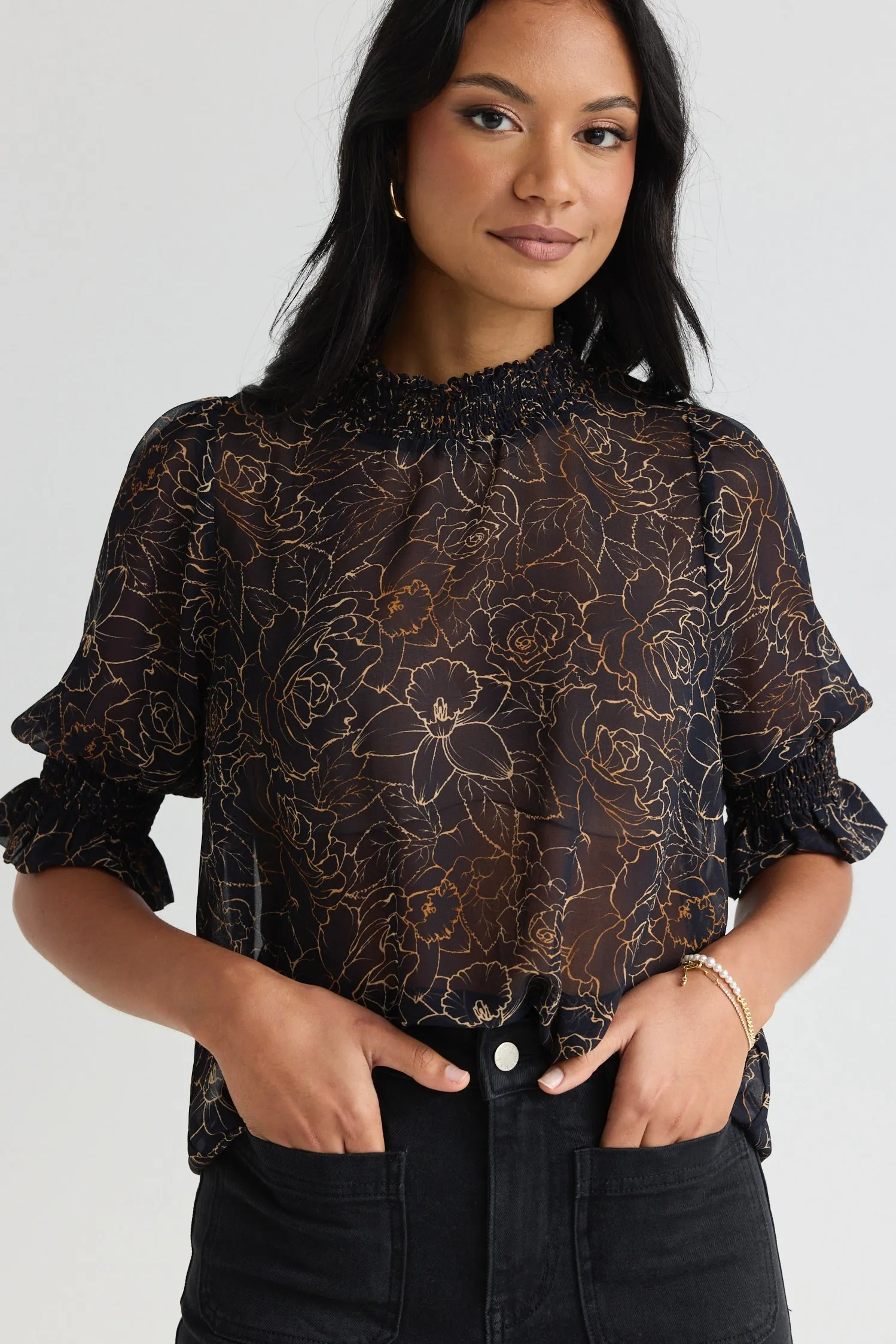 Influential Black Chocolate Rose Sketch Shirred Neck SS Top
