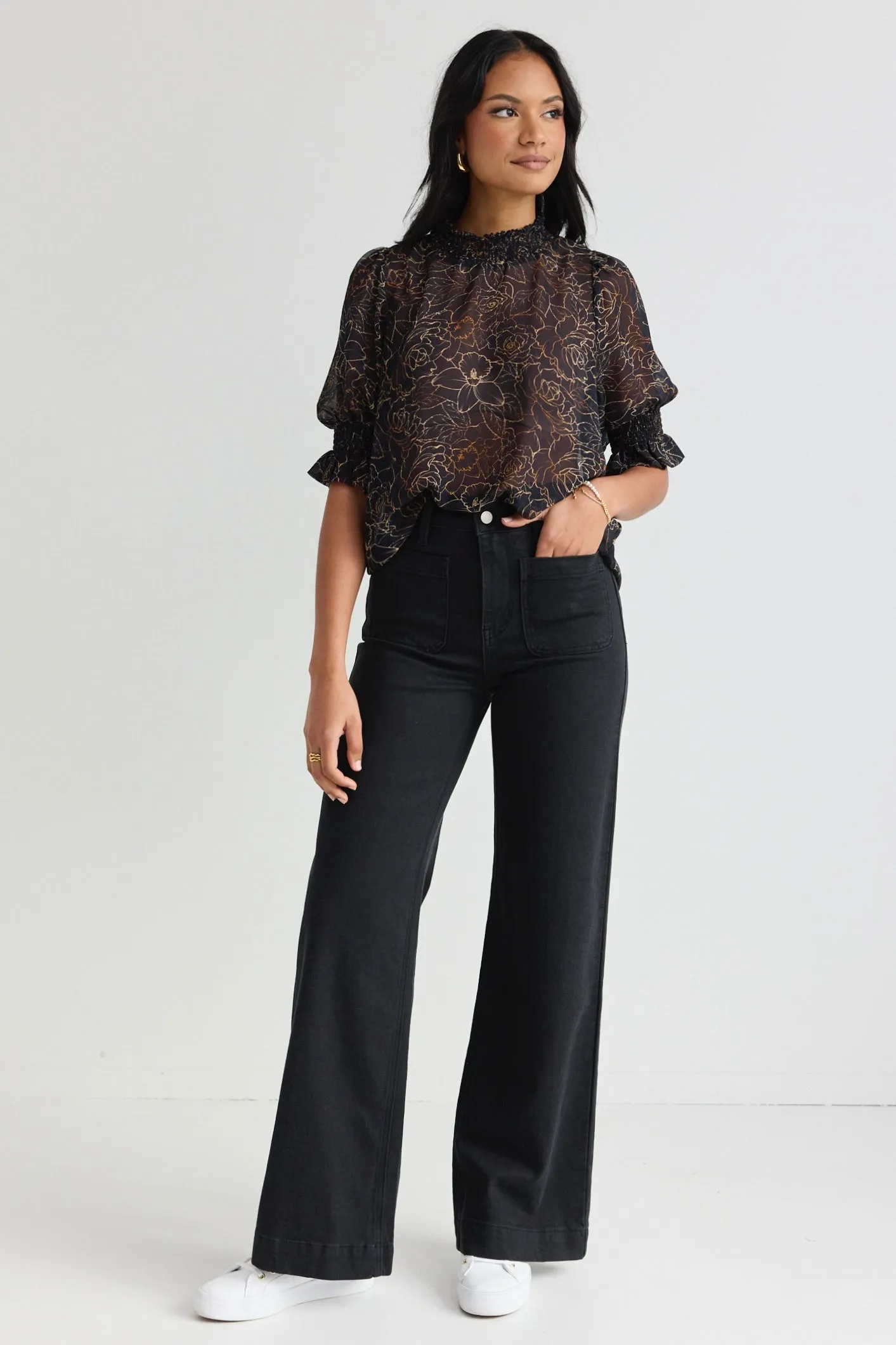 Influential Black Chocolate Rose Sketch Shirred Neck SS Top