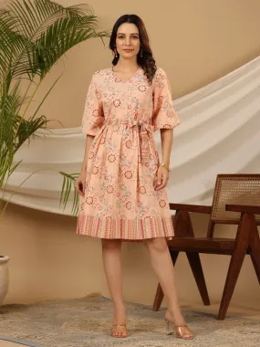 Jashvi Peach Floral Printed Pure Cotton Short Dress With Belt & Beads Work