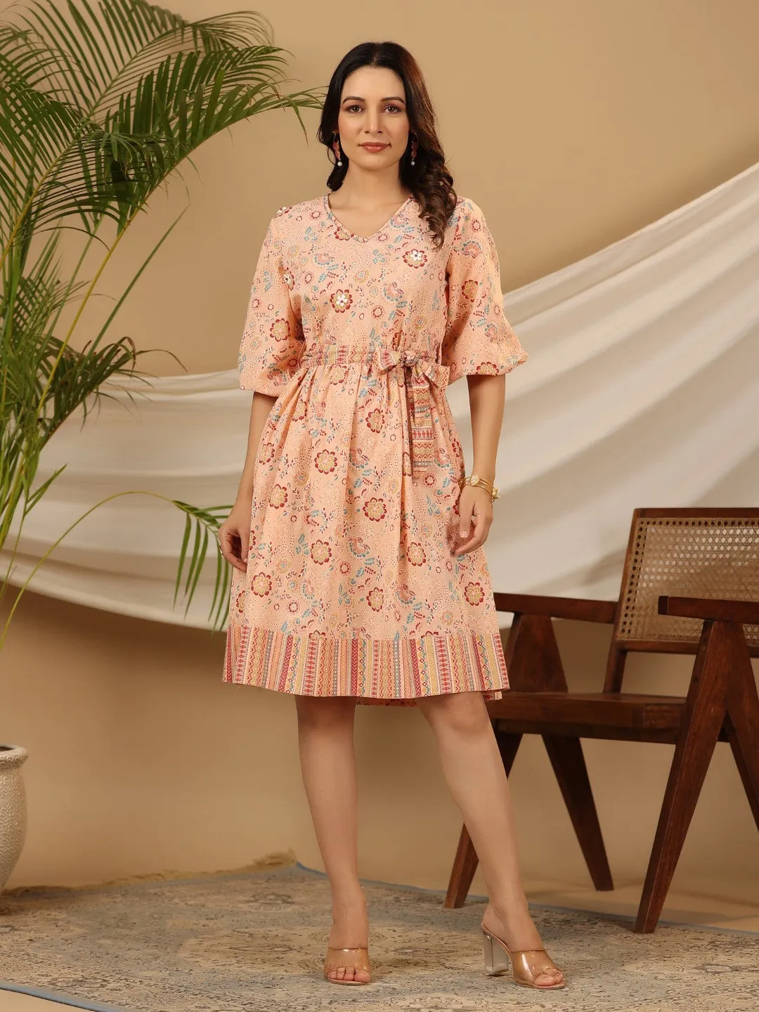 Jashvi Peach Floral Printed Pure Cotton Short Dress With Belt & Beads Work