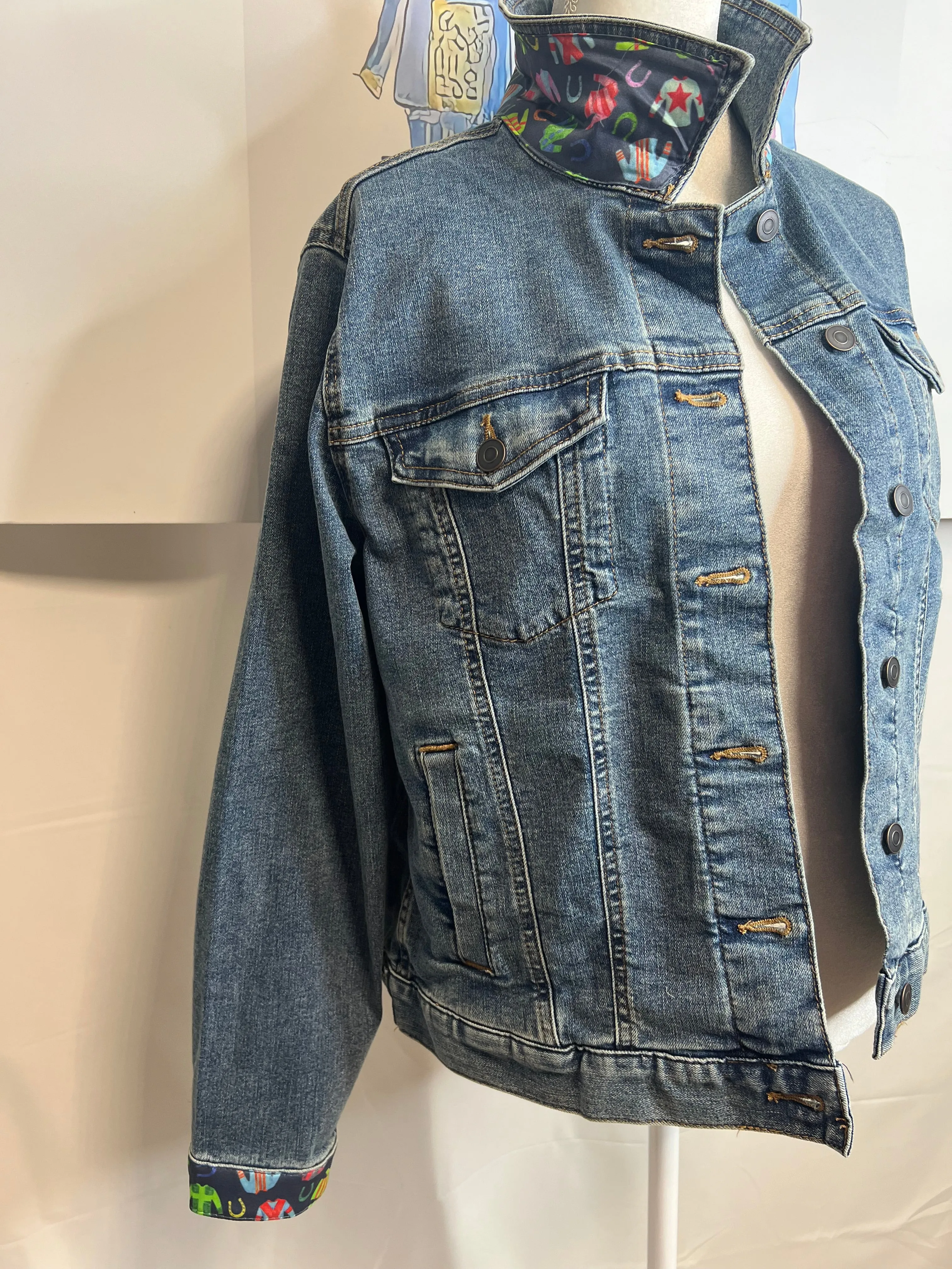 Navy Jockey Silks on Denim Jacket SALE LARGE