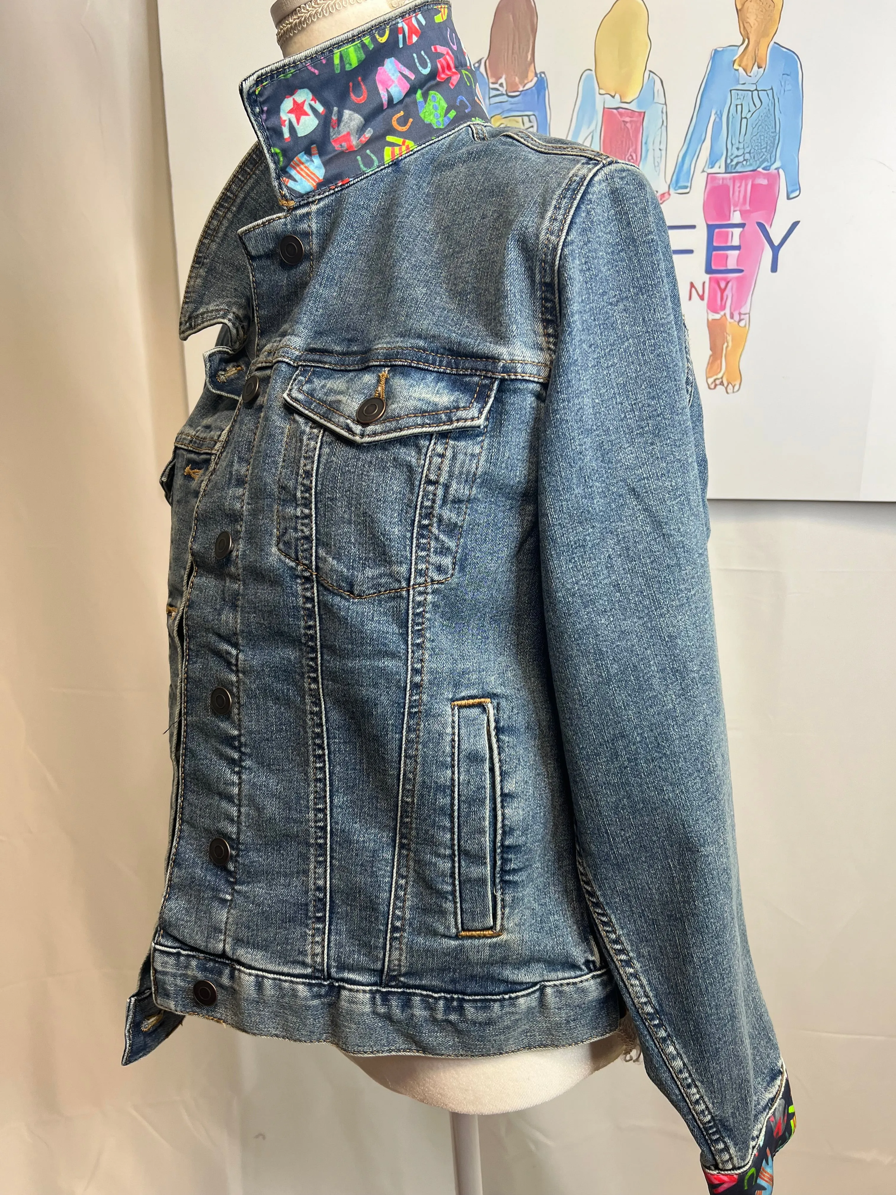 Navy Jockey Silks on Denim Jacket SALE LARGE