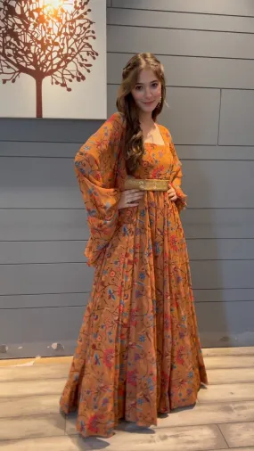 Orange Maxi Dress with Digital Print and Embroidery Work