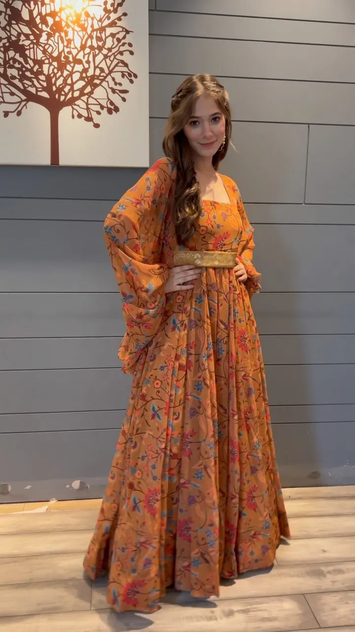Orange Maxi Dress with Digital Print and Embroidery Work