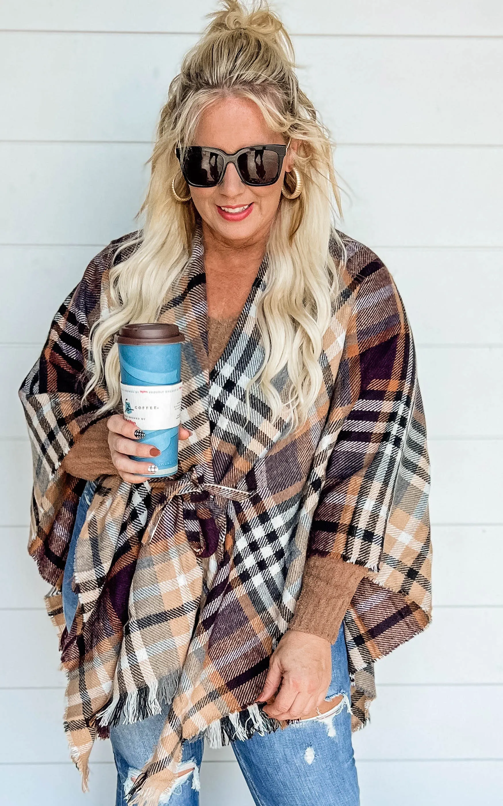 Plaid Ruana with Belt Fall Camel Brown