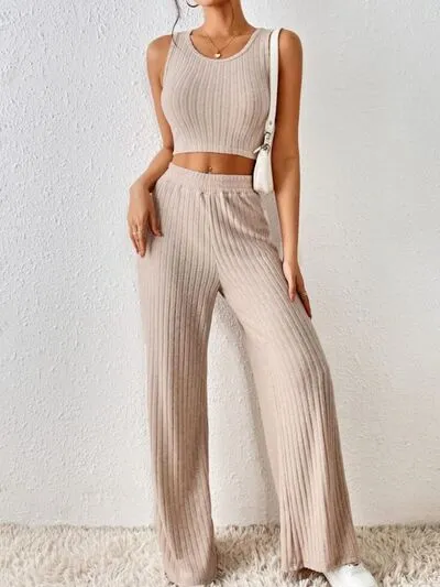 Ribbed Round Neck Tank and Pants Sweater Set