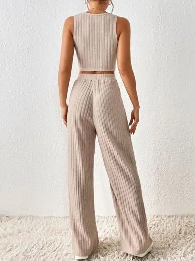 Ribbed Round Neck Tank and Pants Sweater Set