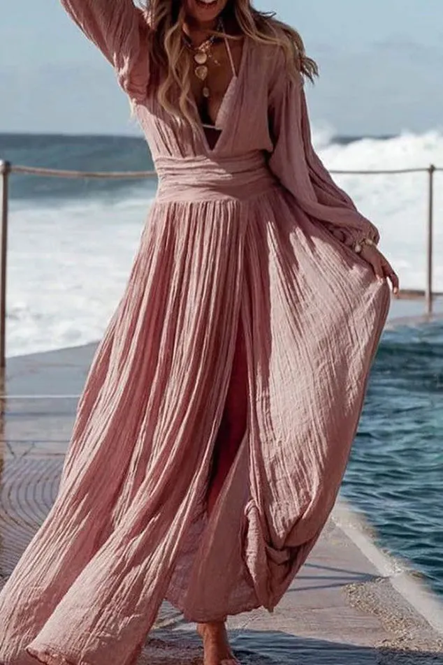Sexy White Long Sleeve Plunging Maxi Dress