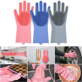 Silicone Dish washing Gloves with Wash Scrubber - Kitchen Heat Resistant Rubber Gloves for Cleaning, hand gloves for kitchen use dish washing gloves for kitchen, Pet Care, Car Washing- 1 Pair