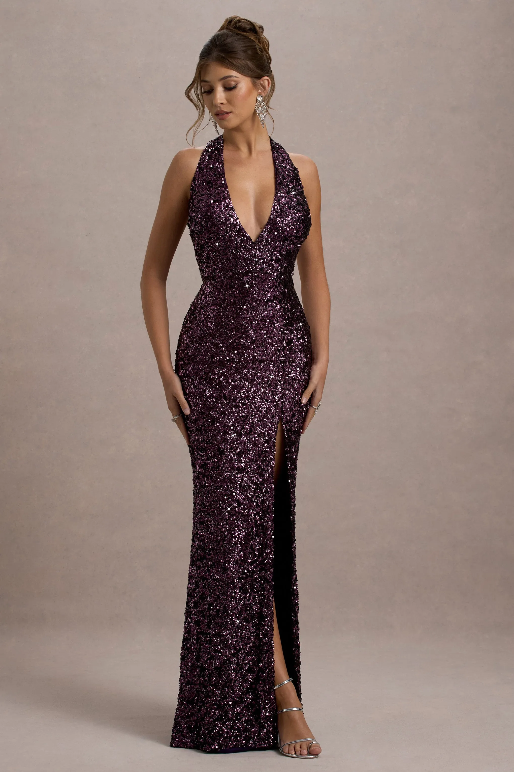 Superstition | Plum Sequin Plunge-Neck Split Maxi Dress