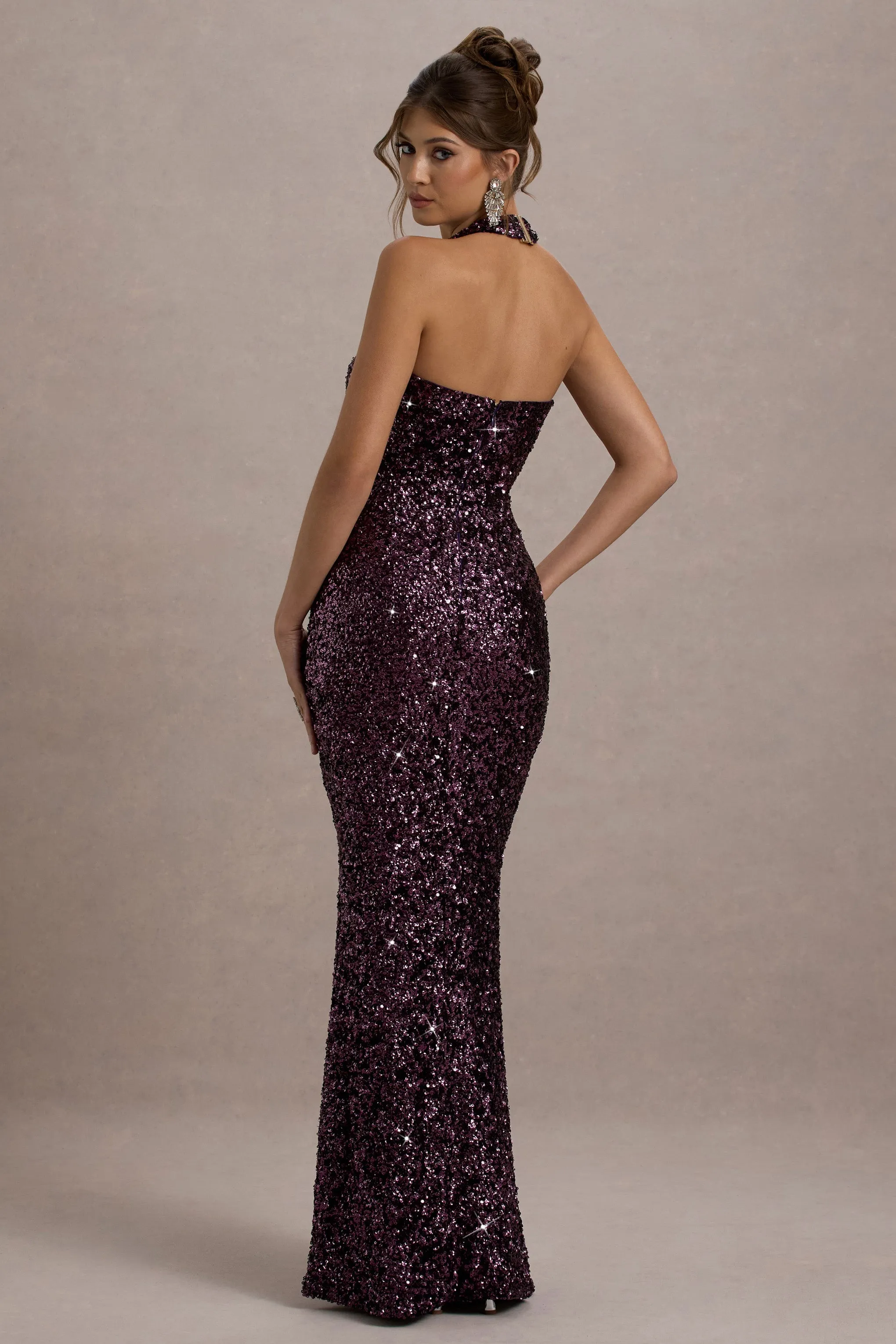 Superstition | Plum Sequin Plunge-Neck Split Maxi Dress