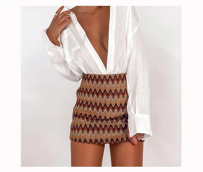 Wjczt New Retro Ripple Tight Knitted A Line Mini Skirt For Women High Waist Vintage Chic Pencil Skirts 2022 Vacation