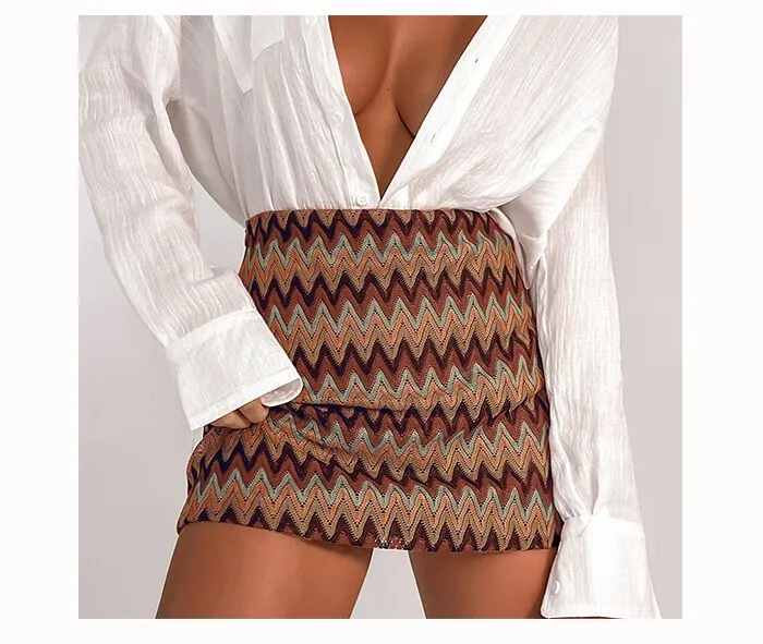 Wjczt New Retro Ripple Tight Knitted A Line Mini Skirt For Women High Waist Vintage Chic Pencil Skirts 2022 Vacation