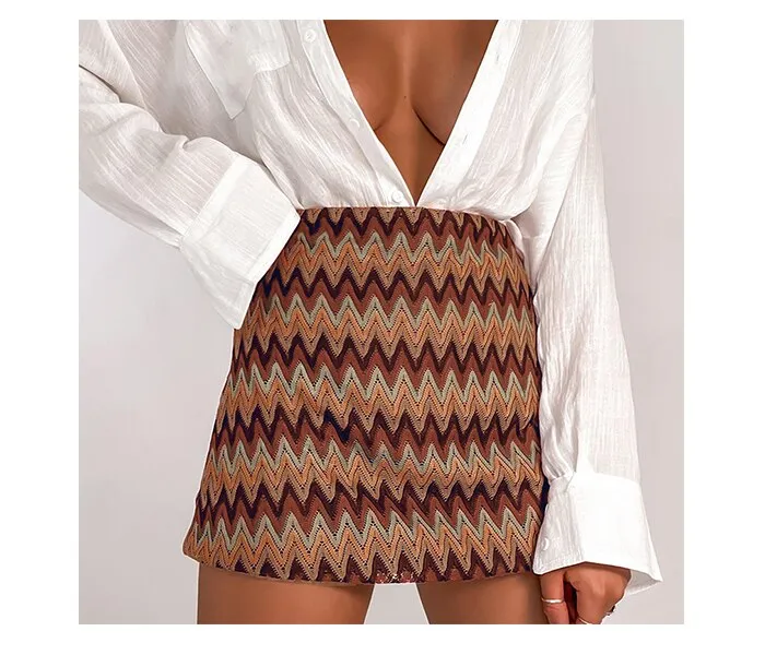 Wjczt New Retro Ripple Tight Knitted A Line Mini Skirt For Women High Waist Vintage Chic Pencil Skirts 2022 Vacation