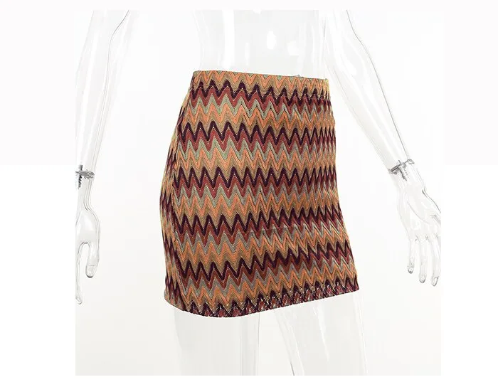 Wjczt New Retro Ripple Tight Knitted A Line Mini Skirt For Women High Waist Vintage Chic Pencil Skirts 2022 Vacation