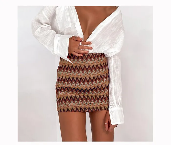 Wjczt New Retro Ripple Tight Knitted A Line Mini Skirt For Women High Waist Vintage Chic Pencil Skirts 2022 Vacation