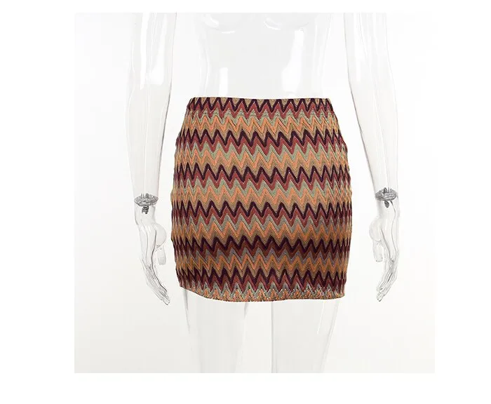 Wjczt New Retro Ripple Tight Knitted A Line Mini Skirt For Women High Waist Vintage Chic Pencil Skirts 2022 Vacation