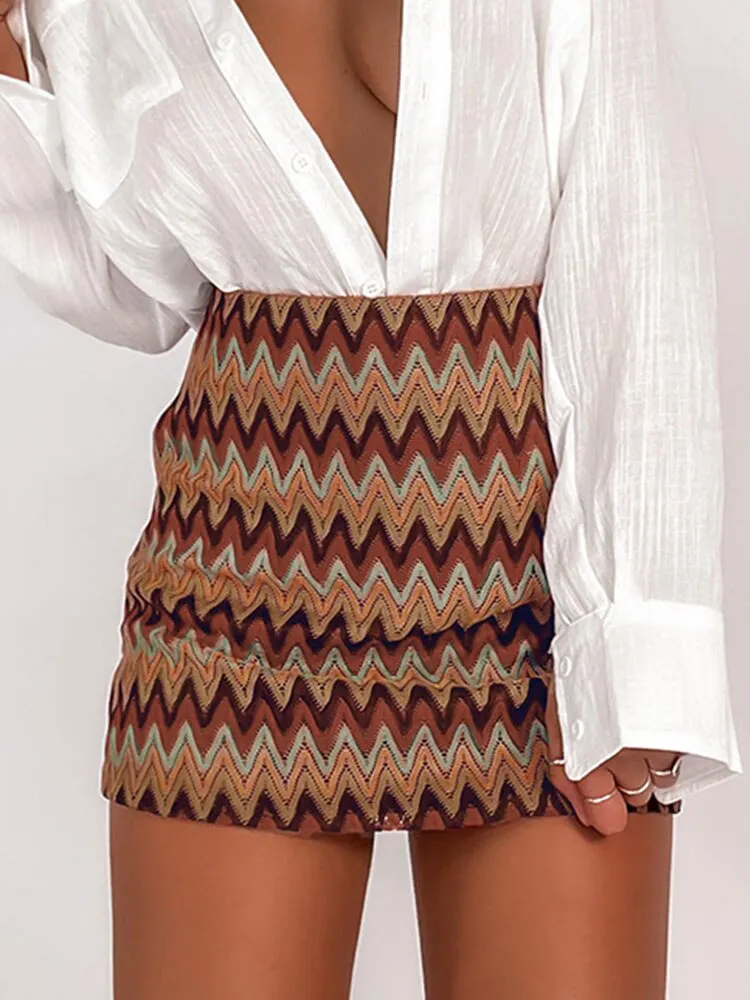 Wjczt New Retro Ripple Tight Knitted A Line Mini Skirt For Women High Waist Vintage Chic Pencil Skirts 2022 Vacation