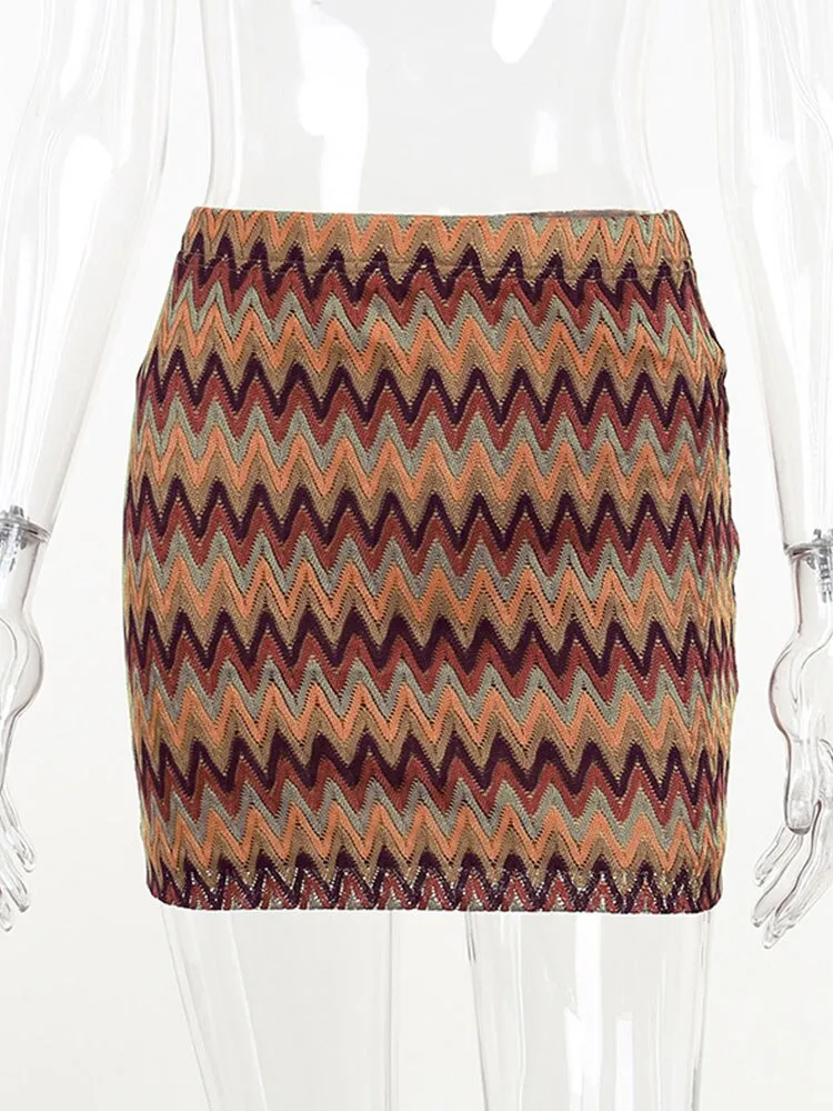 Wjczt New Retro Ripple Tight Knitted A Line Mini Skirt For Women High Waist Vintage Chic Pencil Skirts 2022 Vacation