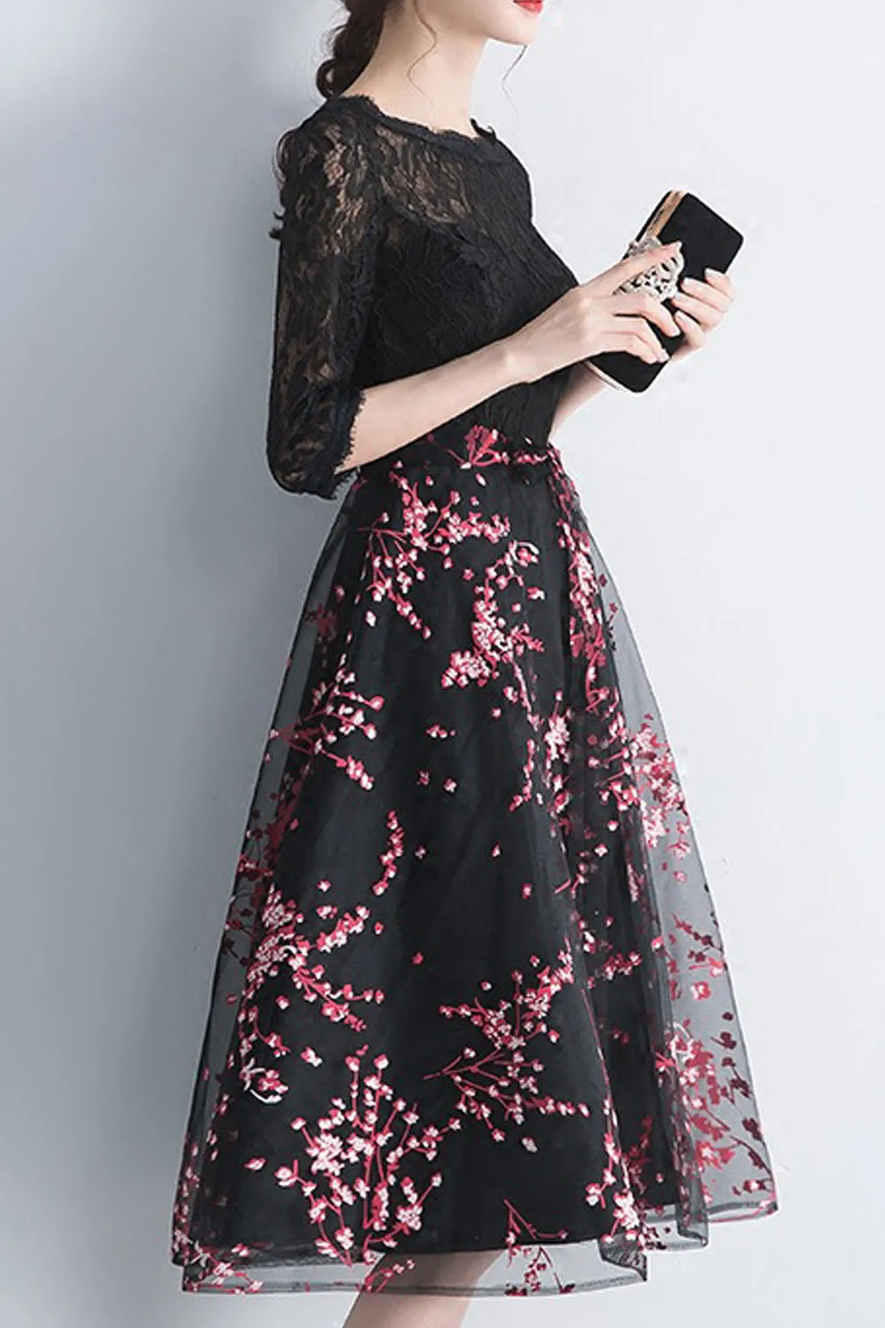 Women High Neck Elbow Sleeve Sequins Wedding Party Dress-WEPD83589